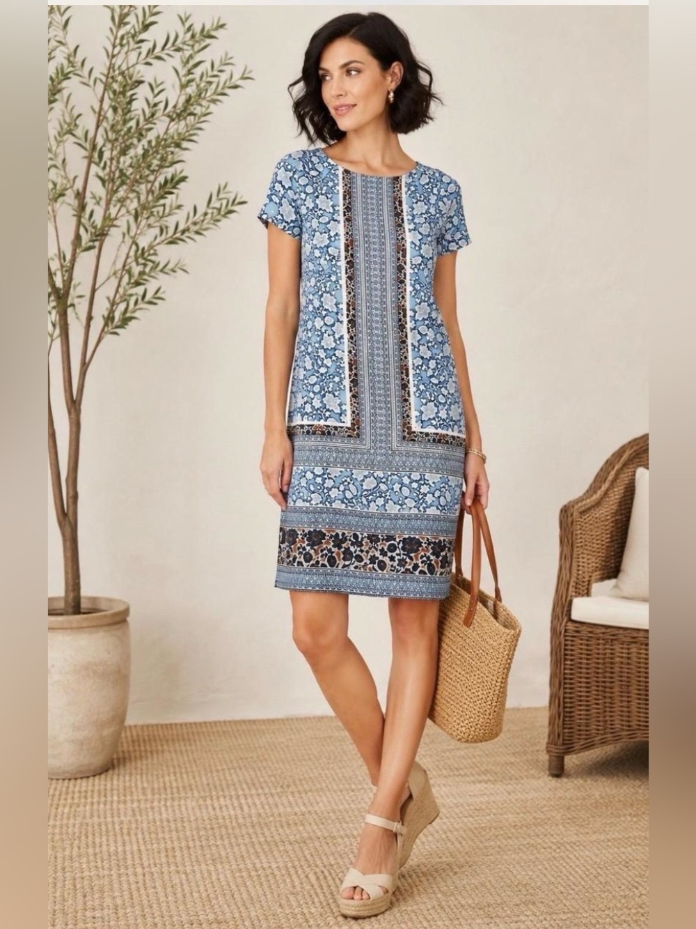 J. Jill Blue and White Floral Border-Print Shift Dress